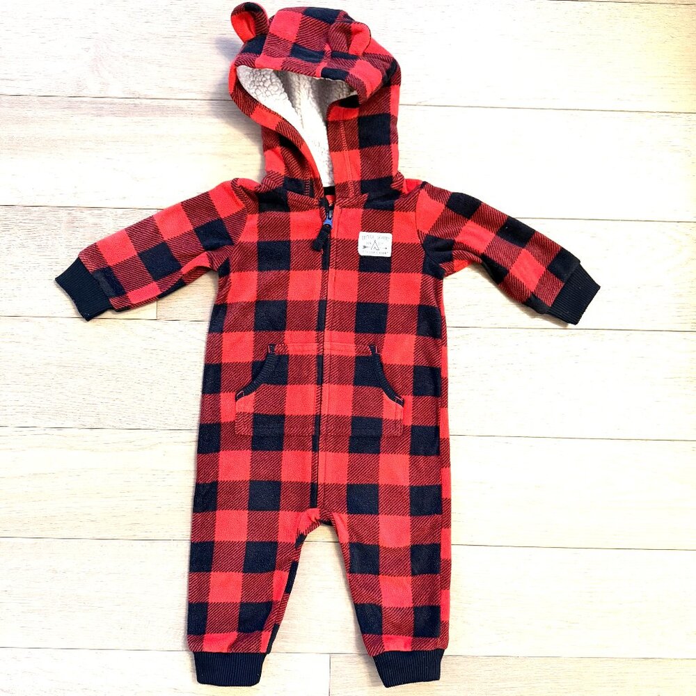 Carters One Piece Red Black Plaid Hooded Zip Up "Little Scout" 6 Month